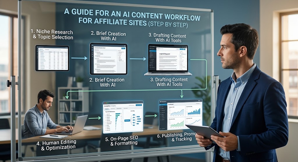 A glass whiteboard in an office showing a six-step diagram titled “A Guide for an AI Content Workflow for Affiliate Sites (Step by Step)”. The numbered panels read “1. Niche Research & Topic Selection”, “2. Brief Creation With AI”, “3. Drafting Content With AI Tools”, “4. Human Editing & Optimization”, “5. On-Page SEO & Formatting” and “6. Publishing, Promo & Tracking”, each illustrated with a tablet or laptop interface. A man in a suit holds a tablet on the right, and another man works at a laptop on the left.