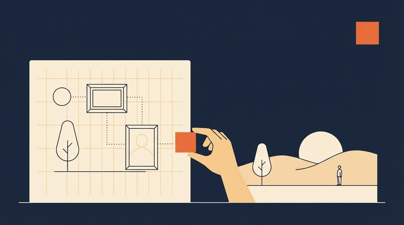 A flat vector editorial illustration on a deep navy background, in the site's navy, warm cream and single-orange palette. On the left a large cream-coloured planning board is covered in a fine grid, with a few small outlined placeholder shapes — a circle, a rectangle frame, a stylised tree and a portrait frame — arranged on it and joined by dotted lines. On the right the same elements appear finished as a small flat landscape: a warm cream sun low on a horizon, a lone stylised tree, two rolling hills and a tiny standing figure. A flat cream-coloured hand reaches between the two, carrying a single square orange element from the plan toward the scene. A square orange accent block sits in the upper right corner, and there is generous empty navy space at the top and upper right. No text or lettering appears anywhere.