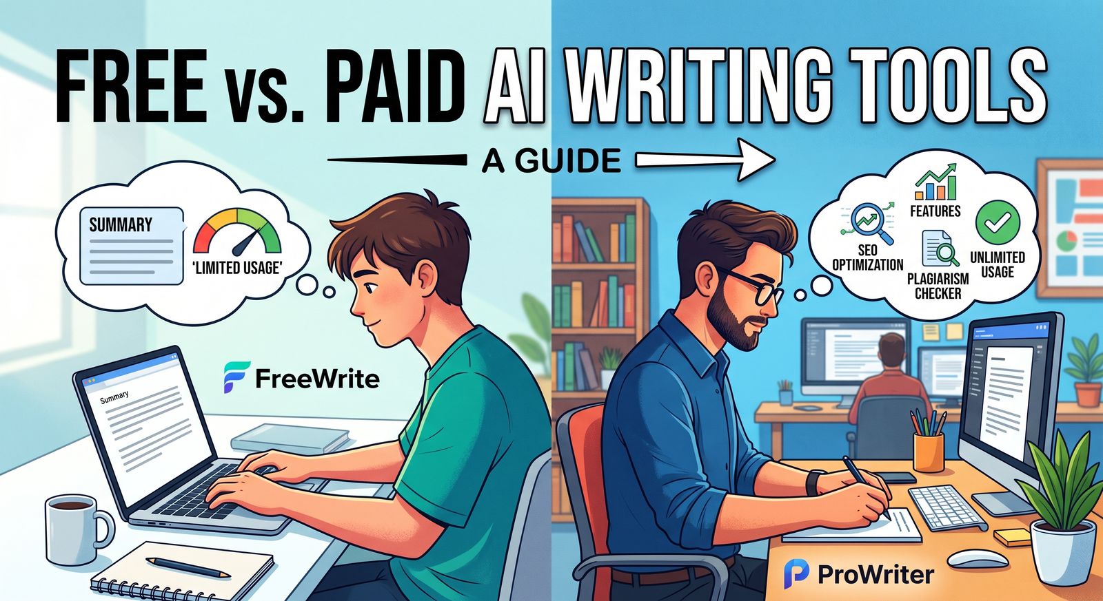 An illustrated comparison split into two halves under the title “Free vs. Paid AI Writing Tools — A Guide”. On the left a young man works at a laptop beside a thought bubble reading “Summary” and a gauge marked “Limited Usage”, with a floating label “FreeWrite”. On the right a bearded man works at a desk beside a thought bubble listing “Features”, “SEO Optimization”, “Plagiarism Checker” and “Unlimited Usage”, with a label reading “ProWriter”.