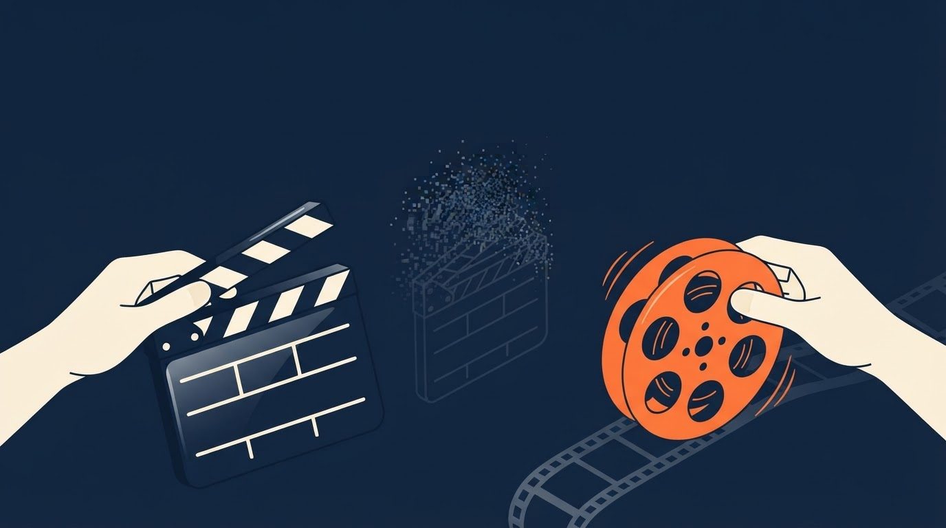 A flat vector editorial illustration on a deep navy background: a large cream-coloured form anchors the lower left, a square orange accent block sits at centre-right, and a vertical cream panel runs down the far right edge. Rendered in the site's navy, warm cream and single-orange palette, with no text.