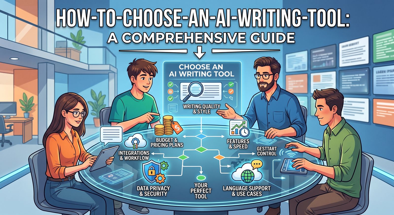 An illustrated diagram titled “How-to-Choose-an-AI-Writing-Tool: A Comprehensive Guide” over a glass table where four people work on laptops and tablets. In the centre a panel reads “Choose an AI Writing Tool” and “Writing Quality & Style”, with nodes around it labelled “Budget & Pricing Plans”, “Integrations & Workflow”, “Features & Speed”, “Gestart Control”, “Data Privacy & Security”, “Language Support & Use Cases” and “Your Perfect Tool”, connected by funnel shapes and arrows.