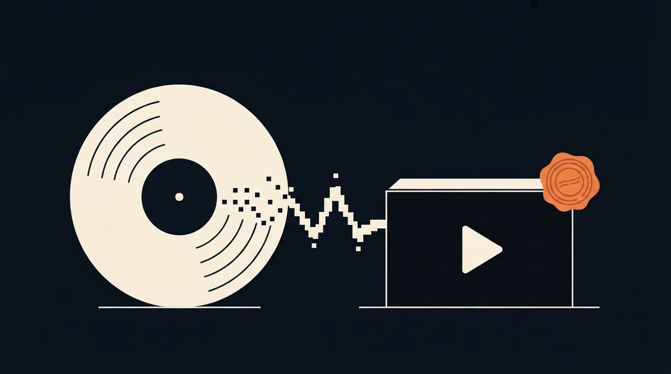 A flat vector editorial illustration on a deep navy background in the site's navy, warm cream and single-orange palette. A large cream-coloured vinyl record stands on the left; from its grooves a ribbon flows to the right toward a dark rectangular music-generator box, with a small orange seal-style accent at the right. Generous open negative space at the top. No text or lettering appears anywhere in the image.