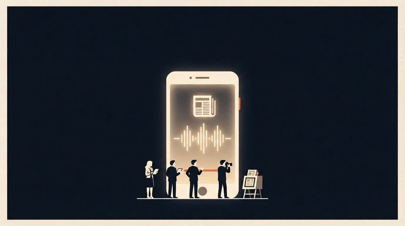 Flat vector editorial illustration on a deep navy background: at center, a large glowing cream smartphone screen showing a row of audio-waveform bars, with smaller cream human silhouettes standing in front of the screen beside a folded newspaper. A thin cream border runs along the top and bottom edges. No text.