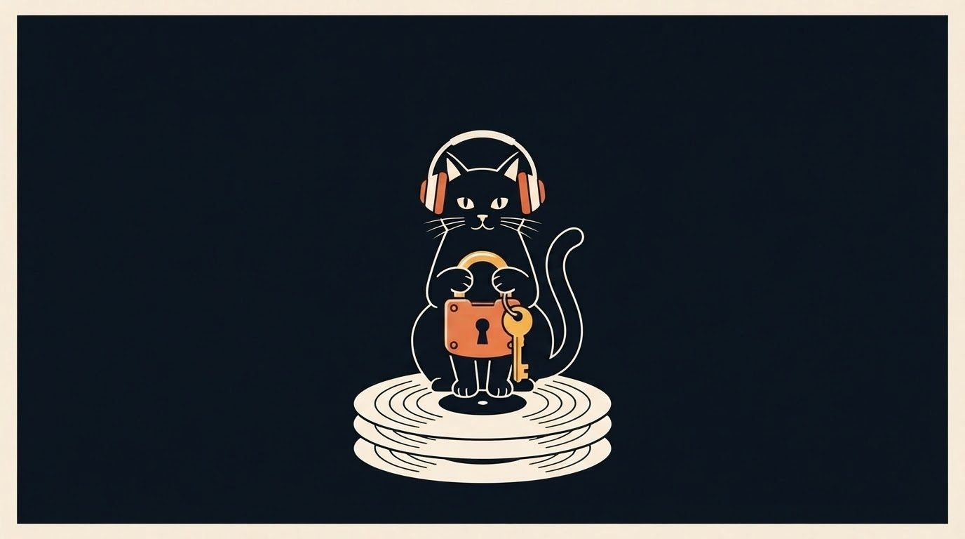 Flat vector editorial illustration: a stylized black cat with bright orange eyes looks out from the upper half of the frame, above a large orange padlock and a stack of cream vinyl records, all on a black background with a thin cream border. No text.