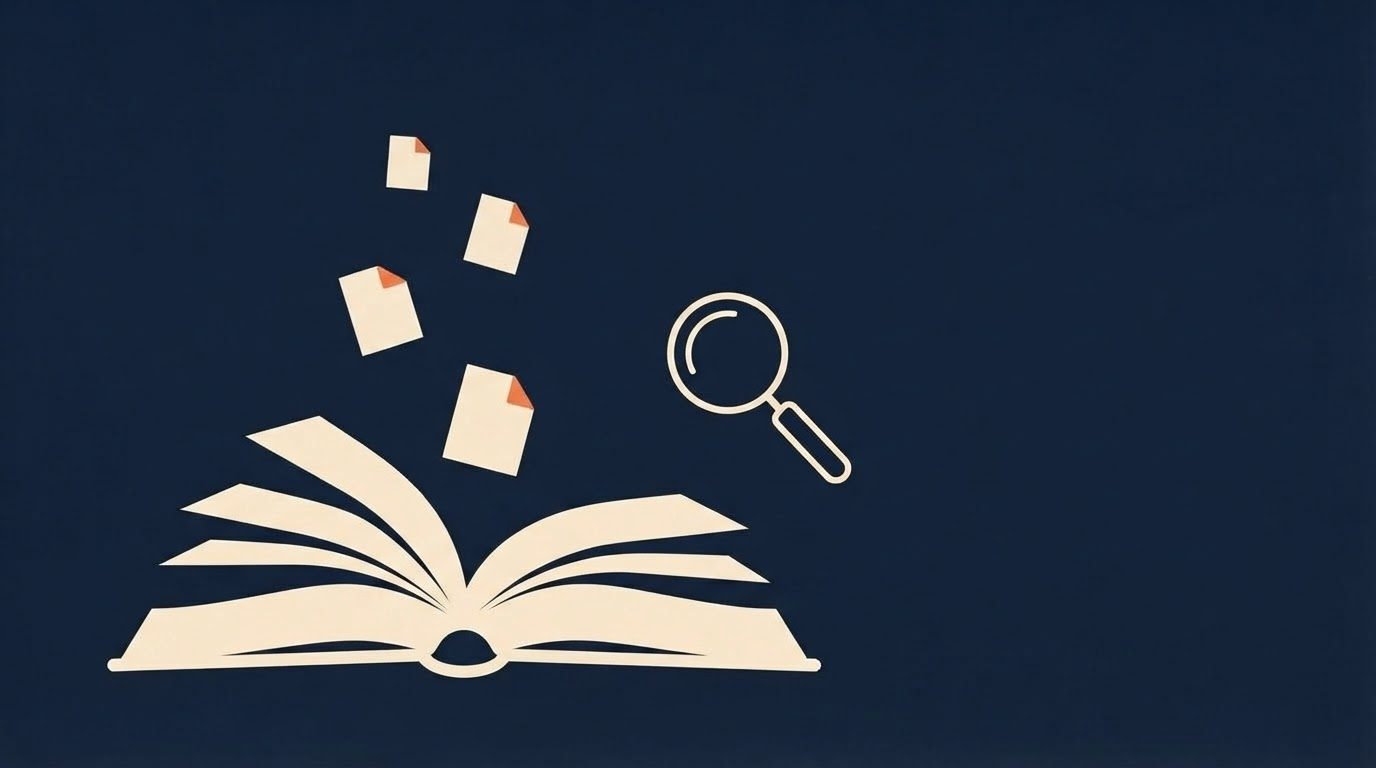 Flat vector editorial illustration on a deep navy background: an open cream-coloured novel lies along the bottom edge with angular fanned pages, four cream document sheets float above it, each with an orange folded corner, and a cream outline of a magnifying glass sits to the right. No text appears anywhere in the image.