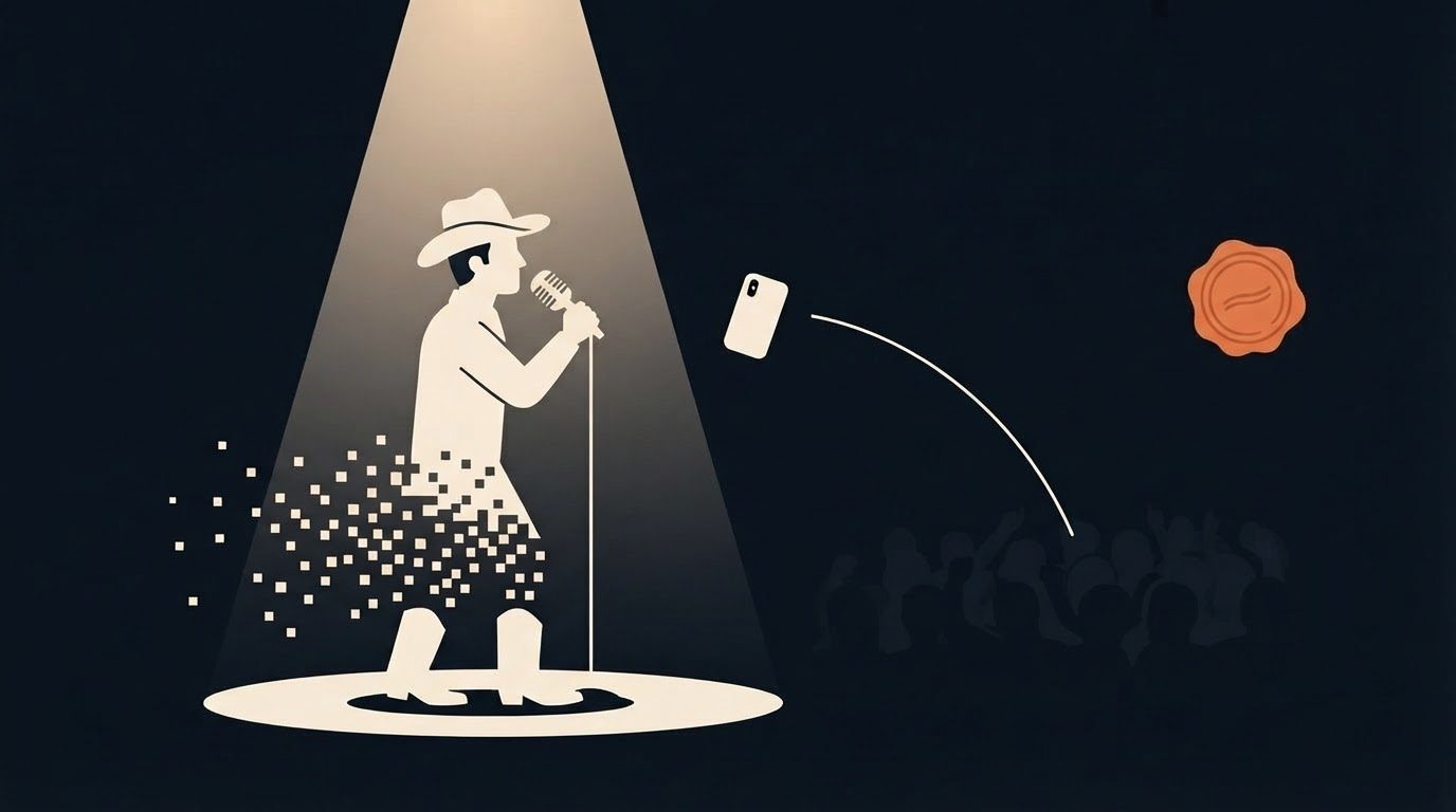 A flat vector editorial illustration on a deep navy background, in the site's navy, warm cream and single-orange palette. A lone country singer stands in profile on a small stage under a cream spotlight, a microphone in his hand, while a cream-coloured phone arcs toward his face as if thrown from the dark crowd; his lower body and the edge of the stage dissolve into a cloud of small square pixels to signal the figure is AI-generated rather than real. Generous dark negative space across the top and upper right. No text or lettering appears anywhere in the image.