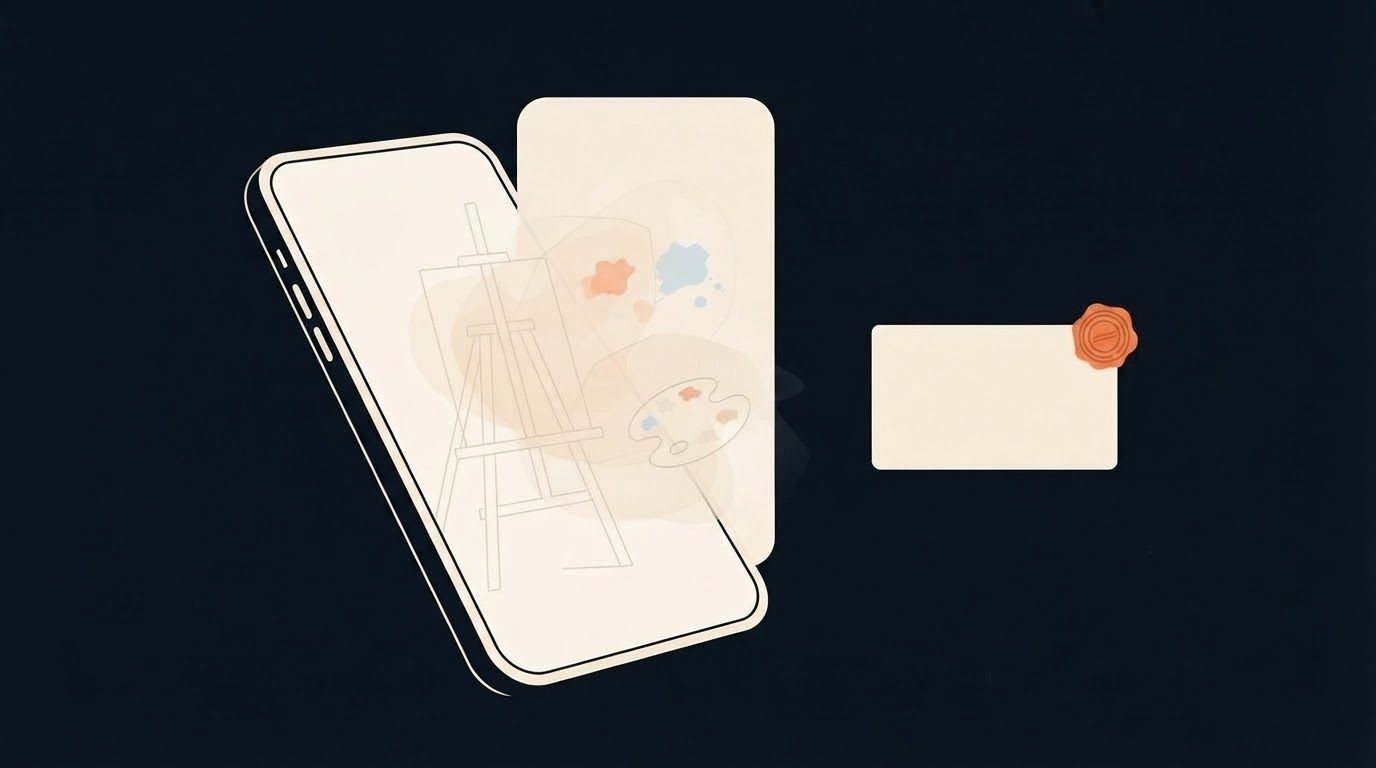 Flat vector editorial illustration, deep navy background, of a smartphone in front view whose screen shows a blank easel and paint palette in faint wireframe outline. A single orange product tag floats in the dark space beside the phone, visually separated from the screen. No text or lettering appears anywhere. This is a stylized illustration, not a photograph.