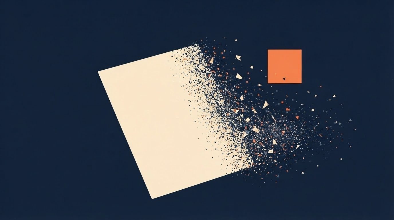 Flat vector illustration of a tilted cream paper sheet whose right half dissolves into scattered navy and orange specks, floating against a deep navy background.