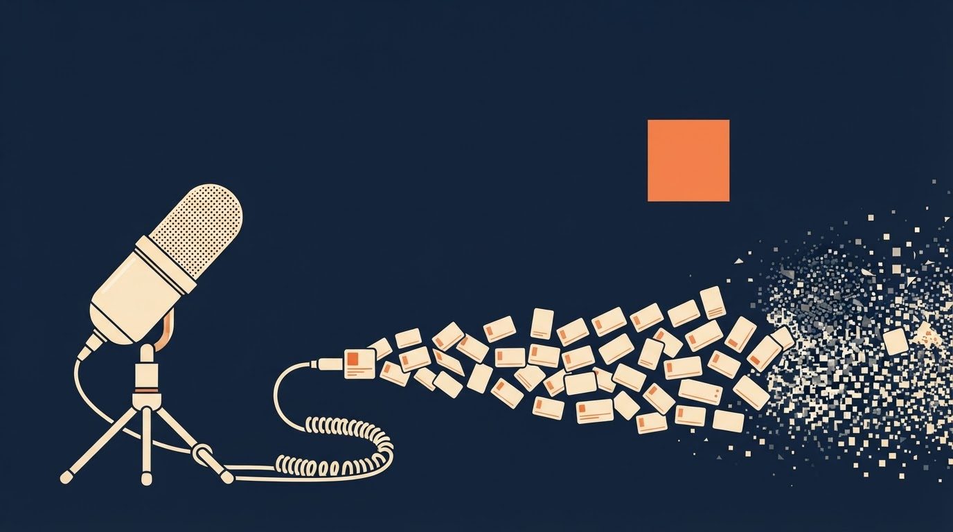 A flat vector editorial illustration on a deep navy background, in the site's navy, warm cream and single-orange palette. A large warm-cream broadcast microphone on a stand sits toward the lower left; from its coiled cable an endless stream of identical small cream-coloured rectangular cards flows to the right and dissolves into a soft cloud of small square pixels. A single flat orange square accent block sits in the upper-right area. Generous negative space across the top and right. No text or lettering appears anywhere.