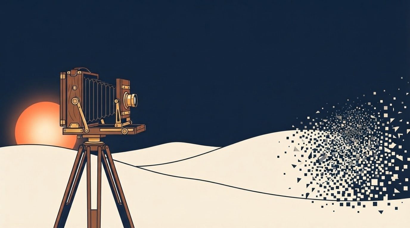 A flat vector editorial illustration on a deep navy background, in the site's navy, warm cream and single-orange palette. An antique bellows camera on a wooden tripod stands at the left, a calm orange sun behind it, and the cream landscape it faces dissolves on the right into a cloud of small square pixels. Generous open space at the top and right. No text or lettering appears anywhere.