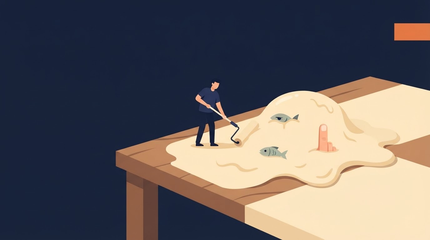 Flat vector editorial illustration on a deep navy background. On a wooden worktable, a large melted cream-coloured blob of substance is spread out, with a half-lidded green fish-eye, a small whole grey-green fish, and an upright pinkish human finger with a visible nail embedded in it. A small dark-haired figure in a navy shirt leans over the blob using a long-handled paint roller to roll and spread the substance. A single orange rectangular block sits in the upper-right corner. No text or lettering appears anywhere in the image.