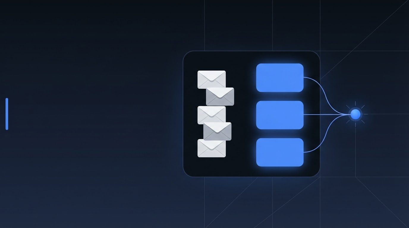 A dark navy illustration of a mail panel being sorted: a stack of envelopes on the left feeds three glowing blue cards that route through thin curved lines into a single glowing blue orb, suggesting an AI agent triaging a mailbox.
