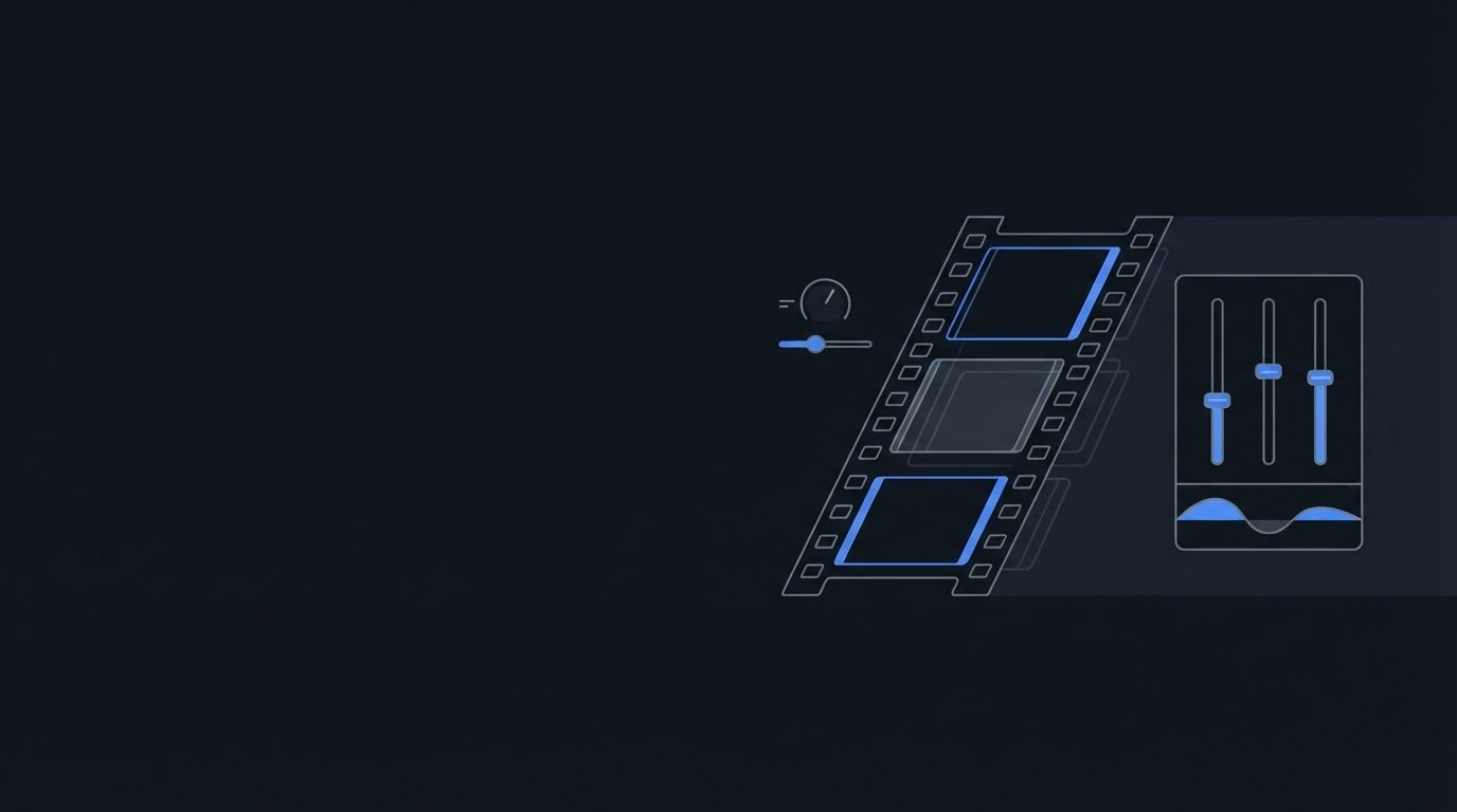 Flat vector illustration on a near-black navy field with all content in the right half: a film strip tilted slightly to the right, with square sprocket holes on both edges and three stacked frames - the top and bottom frames outlined in bright blue, the middle frame greyed out - and a soft offset shadow behind it. Left of the strip sits a small circular dial with a diagonal tick and a horizontal slider with a round blue handle; at the far right a rounded panel holds three vertical faders with blue handles at different heights above a blue two-humped waveform. The only accent colour is that medium blue; all other lines are light grey. No text, letters, numbers, labels or logos appear anywhere, and the whole left half is empty dark space.
