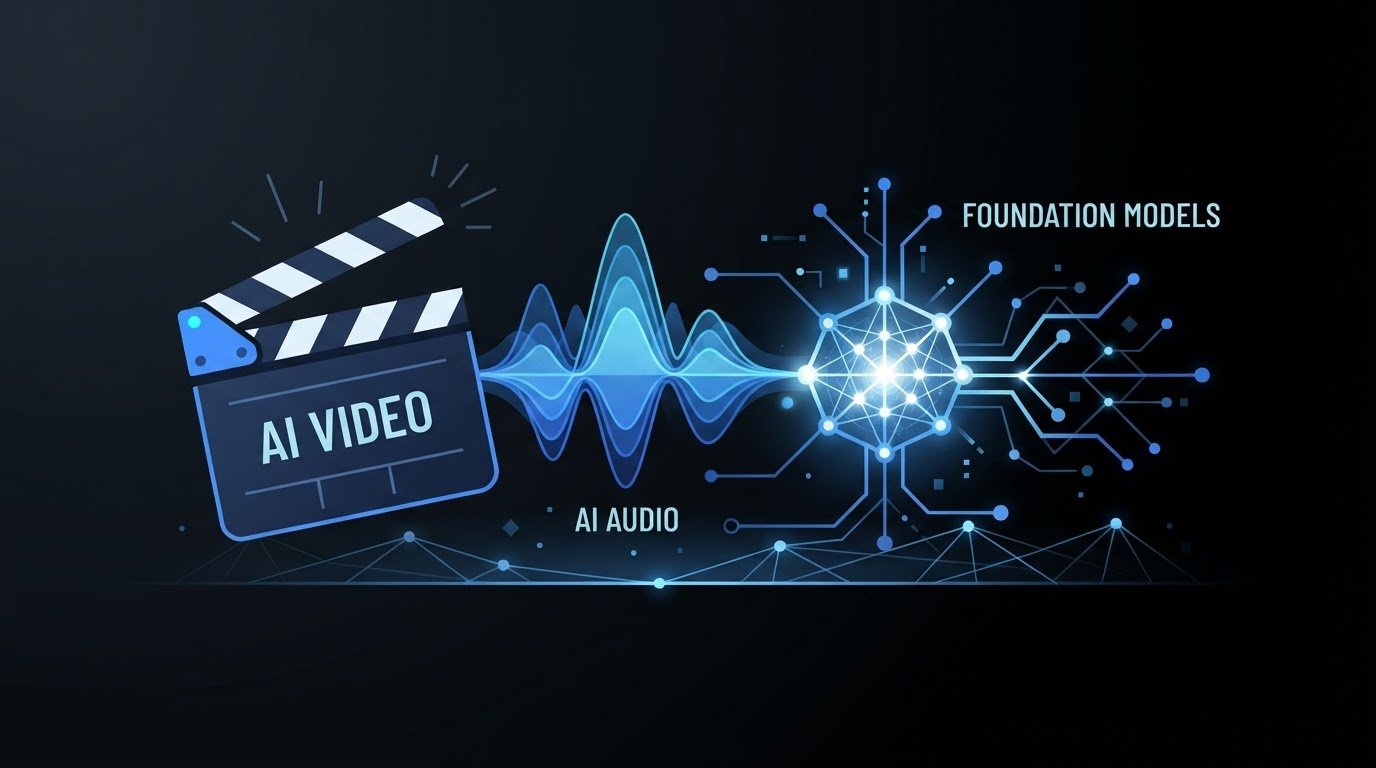 Flat vector illustration showing a film clapper, a soundwave waveform, and a glowing neural node on a dark gradient background with blue accent.