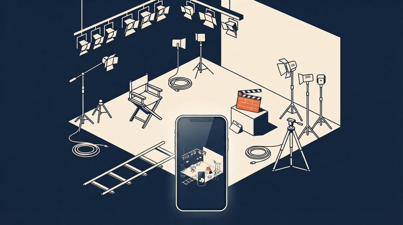 Flat vector editorial illustration, in the site's deep-navy, warm-cream and single-orange palette, of an empty film-studio set: a cream director's chair and a camera on a tripod face an orange-lit backdrop, with an upright smartphone on the floor in front of them, its screen glowing. Generous negative space around the figures. No text or lettering anywhere.