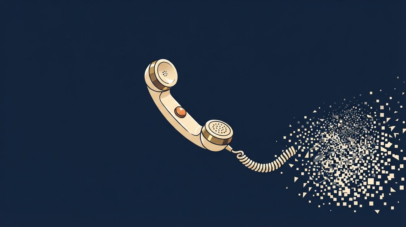 A flat vector editorial illustration on a deep navy background, in the site's navy, warm cream and single-orange palette. An old-fashioned telephone handset sits toward the lower centre, its coiled cord trailing to the lower right and dissolving into loose orange particles and pixels. The top half of the frame is open navy space. No text or lettering appears anywhere.
